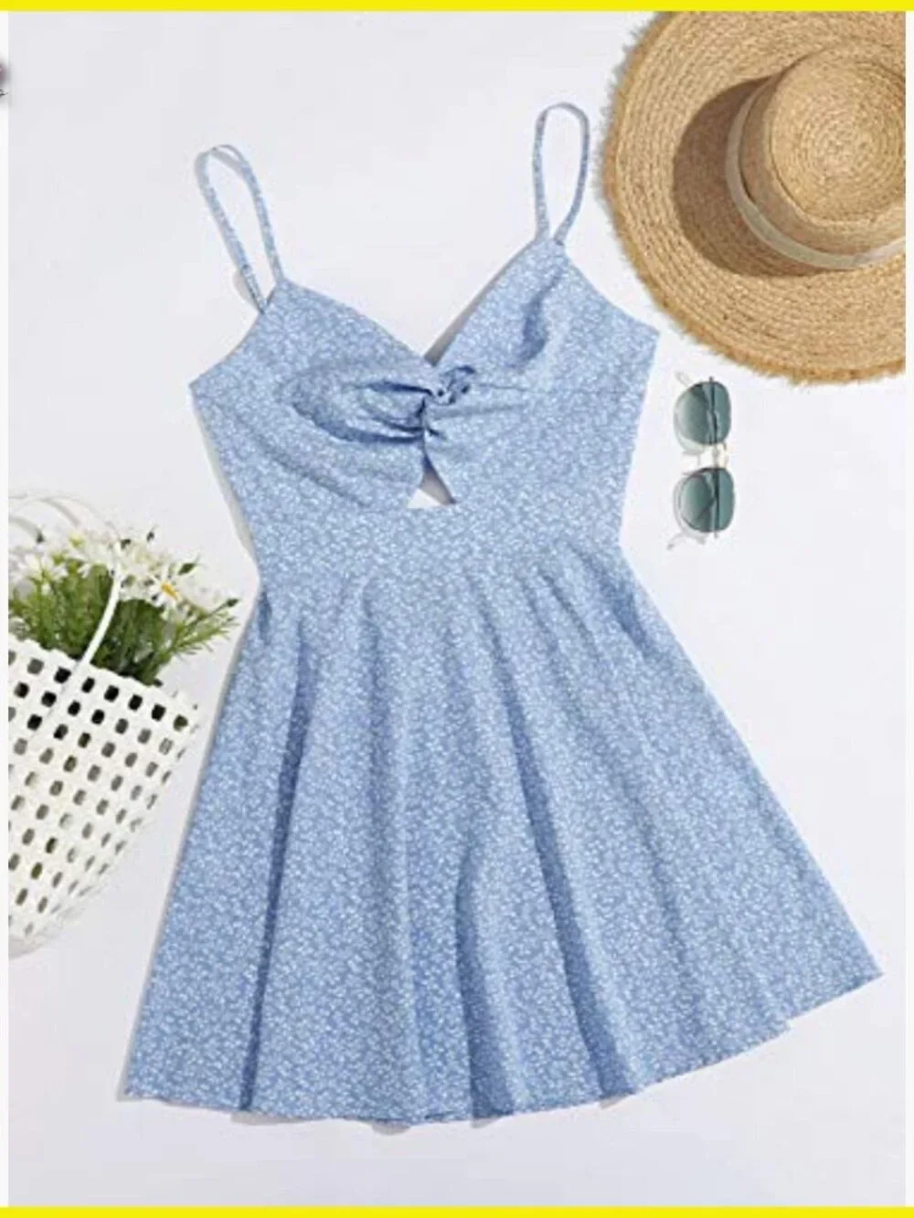 Boho Floral Print Twist Front Cami Mini Dress Swing A-Line Summer Chic